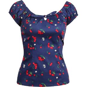 YARN & INK Women's Pinup Shirt 1950s Vintage Rockabilly Puff Sleeve BowBlouse Off Shoulder Tops