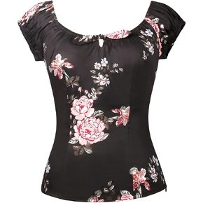 YARN & INK Women's Pinup Shirt 1950s Vintage Rockabilly Puff Sleeve BowBlouse Off Shoulder Tops in Kuwait