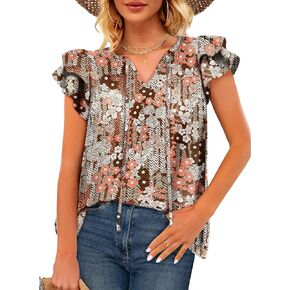 XIEERDUO Womens Summer Tops Ruffle Short Sleeve V Neck Chiffon Blouses Flowy T Shirts