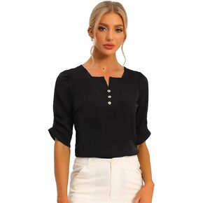 Allegra K Women's 2023 Square Neck Pleated Tops Ruched Sleeve Chiffon Office Work Blouse