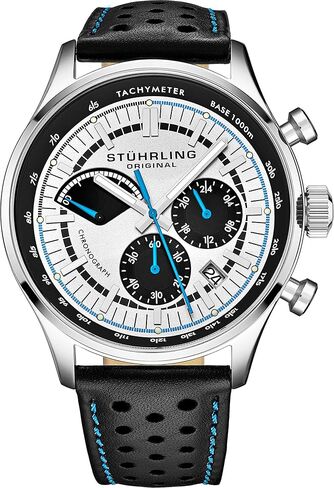 Stuhrling Original Men's Leather Chronograph Watch - Stainless Steel Case - Analog Dial with Date in Saudi Arabia