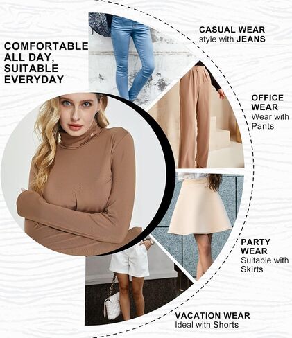 SSLR-Thermal-Shirts for-Women-Turtleneck Long Sleeve Tops Fleece Lined Winter Slim Fitted Mock Neck Base Layer 2 Pack (Large, Brown and Brown) in Saudi Arabia