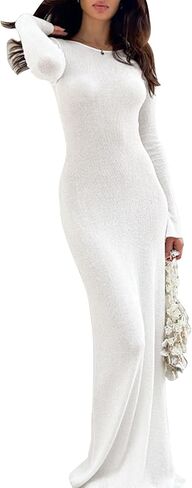 VACILO Women's Sexy Crew Neck Lounge Long Dress Elegant Long Sleeve Backless Bodycon Maxi Dresses in Saudi Arabia