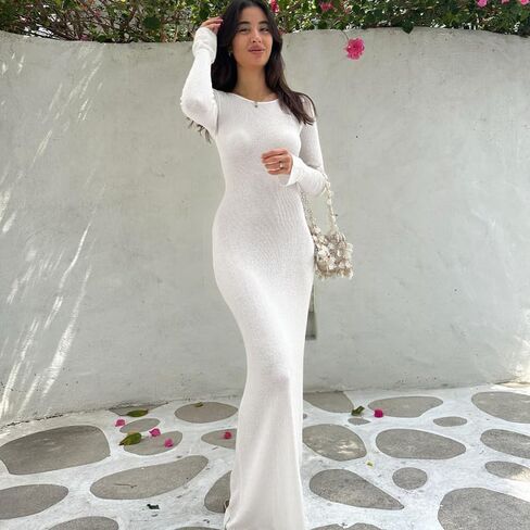 VACILO Women's Sexy Crew Neck Lounge Long Dress Elegant Long Sleeve Backless Bodycon Maxi Dresses in Saudi Arabia
