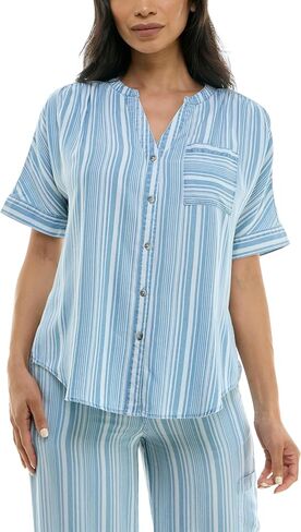 Zac & Rachel Women's Button Up Tencel Top with Short Sleeve and Front Tie Fashion Detail in Saudi Arabia