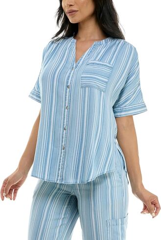 Zac & Rachel Women's Button Up Tencel Top with Short Sleeve and Front Tie Fashion Detail in Saudi Arabia