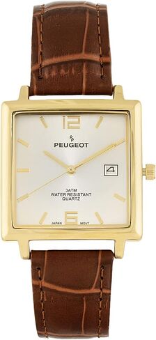 Peugeot Men’s Modern Square Casual Quartz Wrist Watch with Gold Plated Case and Genuine Leather Strap in Saudi Arabia