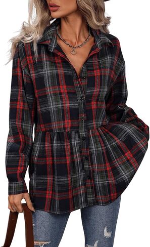 SweatyRocks Women's Long Sleeve Plaid Print Flare Hem Button Down Shirt Peplum Blouse in Saudi Arabia