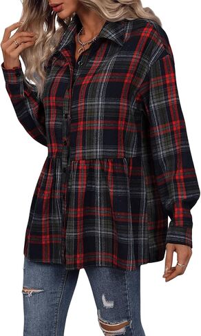 SweatyRocks Women's Long Sleeve Plaid Print Flare Hem Button Down Shirt Peplum Blouse in Saudi Arabia