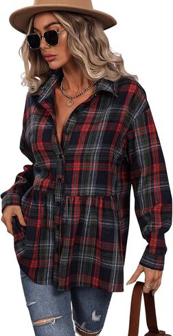 SweatyRocks Women's Long Sleeve Plaid Print Flare Hem Button Down Shirt Peplum Blouse in Saudi Arabia