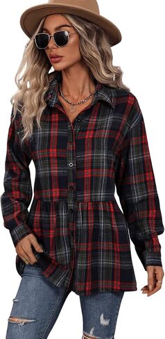 SweatyRocks Women's Long Sleeve Plaid Print Flare Hem Button Down Shirt Peplum Blouse in Saudi Arabia