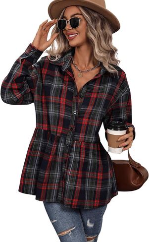 SweatyRocks Women's Long Sleeve Plaid Print Flare Hem Button Down Shirt Peplum Blouse in Saudi Arabia