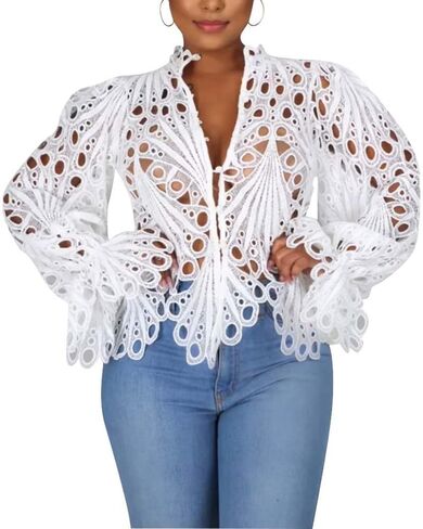 المرأة مثير الدانتيل كم طويل تكدرت القمم لطيف نفخة مضيئة البلوزات الخامس الرقبة الجوف خارج زر أسفل قميص سترة in Kuwait