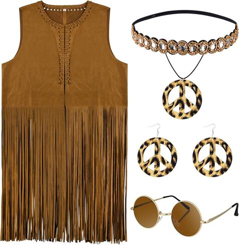 طقم أزياء نسائية من 4 قطع من CHRORINE من الجلد المزأبر الصناعي مزين بشرابة على شكل صديرية قرط قلادة in Kuwait