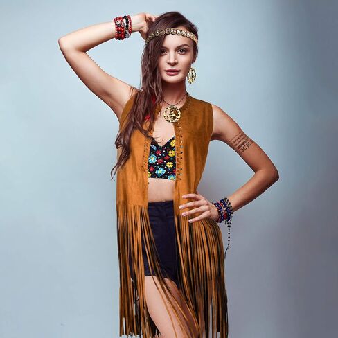 طقم أزياء نسائية من 4 قطع من CHRORINE من الجلد المزأبر الصناعي مزين بشرابة على شكل صديرية قرط قلادة in Kuwait