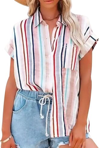 Women's Casual Button Down Shirt Collar V Neck Stripe Coloful Short Sleeve Blouse Top in Saudi Arabia