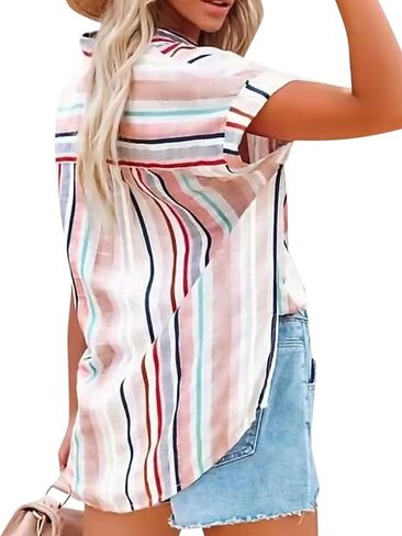 Women's Casual Button Down Shirt Collar V Neck Stripe Coloful Short Sleeve Blouse Top in Saudi Arabia