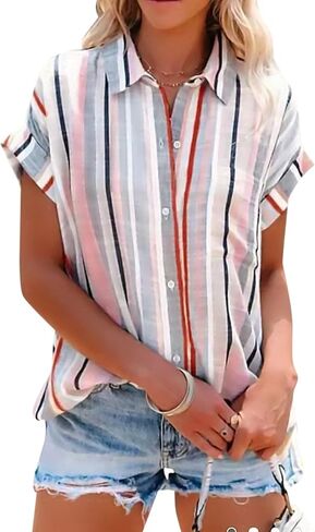 Women's Casual Button Down Shirt Collar V Neck Stripe Coloful Short Sleeve Blouse Top in Saudi Arabia