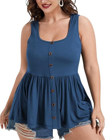 Women Tops Plus Size Summer Sleeveless Tank Tops Blouse Casual Button Ruched Hem Blouses Shirts in Saudi Arabia