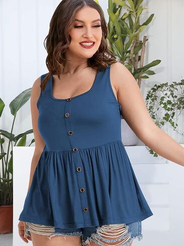 Women Tops Plus Size Summer Sleeveless Tank Tops Blouse Casual Button Ruched Hem Blouses Shirts in Saudi Arabia
