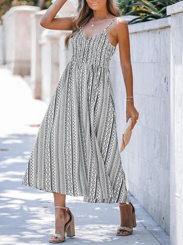 CUPSHE Women'sV Neck Geo Print Sleeveless Maxi Dress Casual A Line Side Slit Summer Long Dress in Saudi Arabia