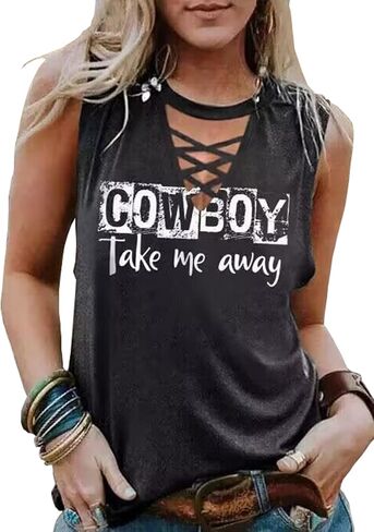 Cowboy Take Me Away Tank Tops Women Vintage Country Music Shirts Cowgirl Sleeveless Tanks Criss-Cross Neck Print Tops in Saudi Arabia