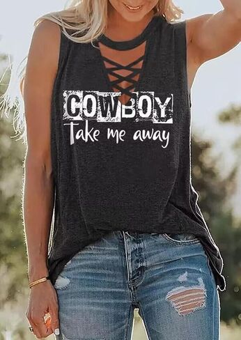 Cowboy Take Me Away Tank Tops Women Vintage Country Music Shirts Cowgirl Sleeveless Tanks Criss-Cross Neck Print Tops in Saudi Arabia