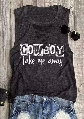 Cowboy Take Me Away Tank Tops Women Vintage Country Music Shirts Cowgirl Sleeveless Tanks Criss-Cross Neck Print Tops in Saudi Arabia