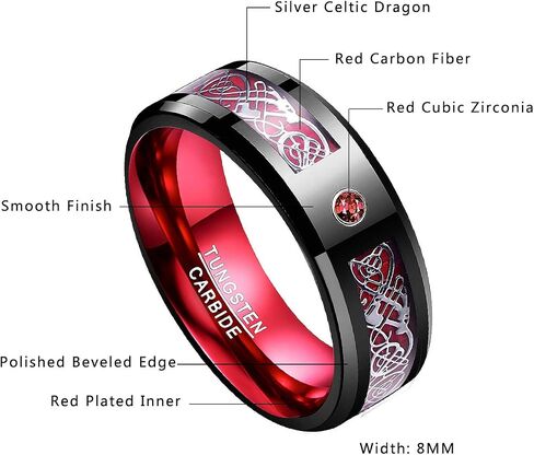 NUNCAD Men's Wedding Band 8mm Black Tungsten Carbide Ring Celtic Dragon Inlay Polished Finish Size 5-15 in Saudi Arabia