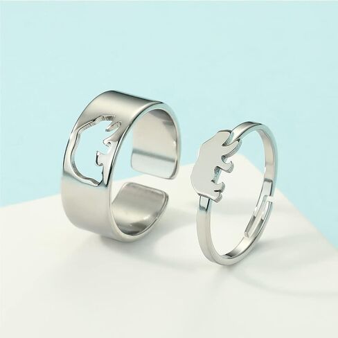 2PCS Matching Cute Animals Promise Engagement Rings Lovers Gift for Couples Boyfriend Jewelry 316L Stainless Steel Adjustable Open Ring in Saudi Arabia