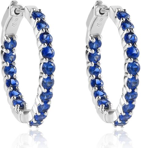 925 Sterling Silver Created Birthstone Inside-Out Hoop Earrings for Women, 3mm Gemstone 1.10 Inches in Saudi Arabia