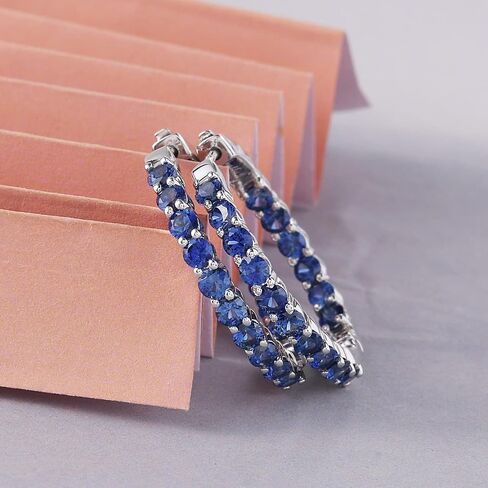 925 Sterling Silver Created Birthstone Inside-Out Hoop Earrings for Women, 3mm Gemstone 1.10 Inches in Saudi Arabia