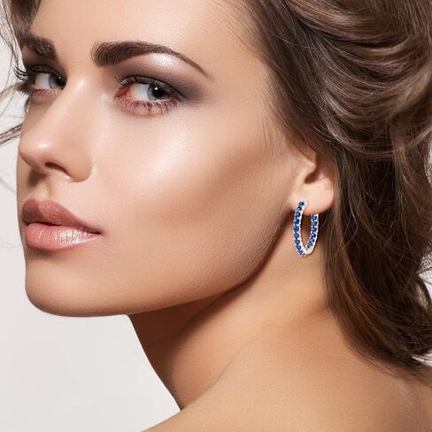 925 Sterling Silver Created Birthstone Inside-Out Hoop Earrings for Women, 3mm Gemstone 1.10 Inches in Saudi Arabia