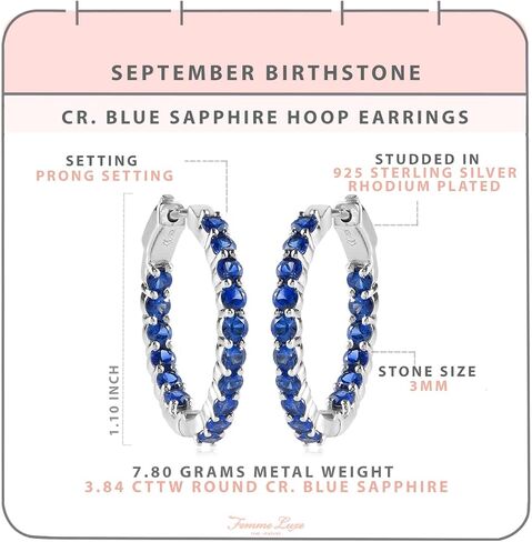 925 Sterling Silver Created Birthstone Inside-Out Hoop Earrings for Women, 3mm Gemstone 1.10 Inches in Saudi Arabia