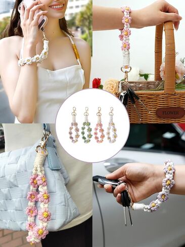 Flower Keychain Wristlet Handmade Macrame Lanyard Key Chain Cute Keychain for Women in Saudi Arabia