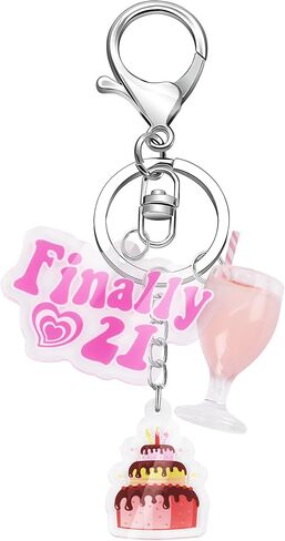 JUSTOTRY قطعة واحدة من سلسلة مفاتيح عيد الميلاد 21 - سلسلة مفاتيح وردية مع حلية كعكة وزجاج نبيذ مقاس 21 بوصة فريدة من نوعها لمستلزمات حفلات عيد الميلاد الحادي والعشرين لها in Kuwait