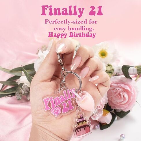 JUSTOTRY قطعة واحدة من سلسلة مفاتيح عيد الميلاد 21 - سلسلة مفاتيح وردية مع حلية كعكة وزجاج نبيذ مقاس 21 بوصة فريدة من نوعها لمستلزمات حفلات عيد الميلاد الحادي والعشرين لها in Kuwait