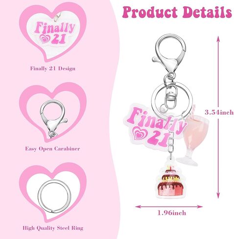 JUSTOTRY قطعة واحدة من سلسلة مفاتيح عيد الميلاد 21 - سلسلة مفاتيح وردية مع حلية كعكة وزجاج نبيذ مقاس 21 بوصة فريدة من نوعها لمستلزمات حفلات عيد الميلاد الحادي والعشرين لها in Kuwait