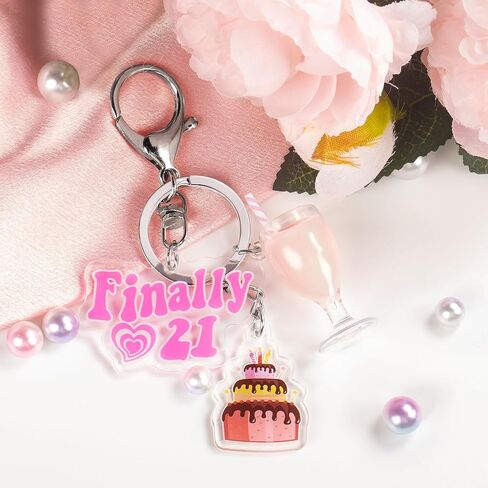 JUSTOTRY قطعة واحدة من سلسلة مفاتيح عيد الميلاد 21 - سلسلة مفاتيح وردية مع حلية كعكة وزجاج نبيذ مقاس 21 بوصة فريدة من نوعها لمستلزمات حفلات عيد الميلاد الحادي والعشرين لها in Kuwait