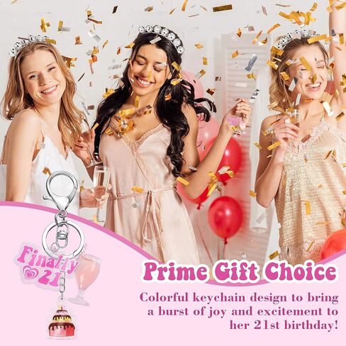 JUSTOTRY قطعة واحدة من سلسلة مفاتيح عيد الميلاد 21 - سلسلة مفاتيح وردية مع حلية كعكة وزجاج نبيذ مقاس 21 بوصة فريدة من نوعها لمستلزمات حفلات عيد الميلاد الحادي والعشرين لها in Kuwait
