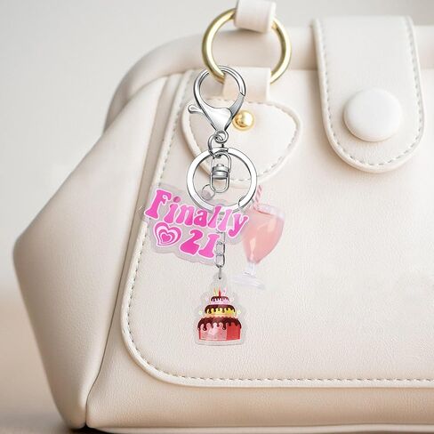 JUSTOTRY قطعة واحدة من سلسلة مفاتيح عيد الميلاد 21 - سلسلة مفاتيح وردية مع حلية كعكة وزجاج نبيذ مقاس 21 بوصة فريدة من نوعها لمستلزمات حفلات عيد الميلاد الحادي والعشرين لها in Kuwait