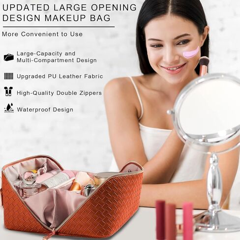 TOPALL ترقية حقيبة ماكياج سعة كبيرة حقيبة مستحضرات التجميل السفر يشكلون حقائب للنساء حقائب مستحضرات التجميل المحمولة للماء مع مقبض ومقسم حقيبة منظم ماكياج مسطحة (أسود) in Kuwait