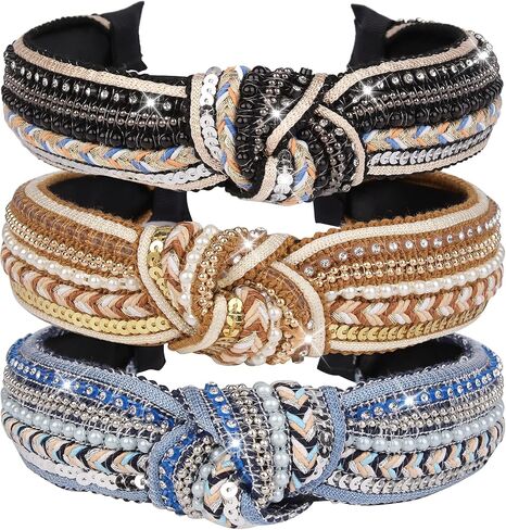 Knotted Headbands for Women, TOBATOBA 3 Pack Rhinestones Pearl Beaded Headbands, Top Knot Boho Headbands, Wide Turban Crystal Pearl Sequin Headbands, Vintage Non Slip Diamond Beaded Bling Hair Band Diademas con Perlas in Saudi Arabia