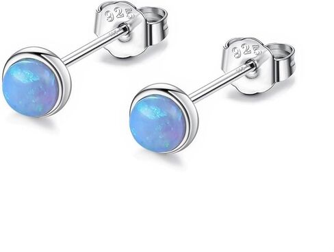Genuine 3mm Bezel Set White/Blue/Green Opal Birthstone Stud Earrings for Women, White Gold/Gold/Rose Gold Plated Sterling Silver Opal Stud Earrings, Opal Dot Studs Hypoallergenic in Saudi Arabia