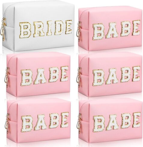 Pinkunn 6 Pcs Bridesmaids Cosmetic Bag Rhinestone Chenille Letter Rose Gold Bride Makeup Bag Proposal Gift Wedding Bridal Shower for Bridesmaid Proposal Box Bachelorette Party Favor(Chenille Letter) in Saudi Arabia