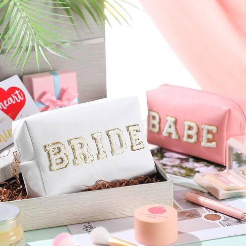 Pinkunn 6 Pcs Bridesmaids Cosmetic Bag Rhinestone Chenille Letter Rose Gold Bride Makeup Bag Proposal Gift Wedding Bridal Shower for Bridesmaid Proposal Box Bachelorette Party Favor(Chenille Letter) in Saudi Arabia