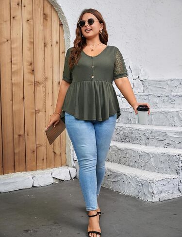 Blooming Jelly Womens Plus Size Tops Short Sleeve Dressy Casual Top Waffle Peplum Business Work Shirt 2024 in Saudi Arabia