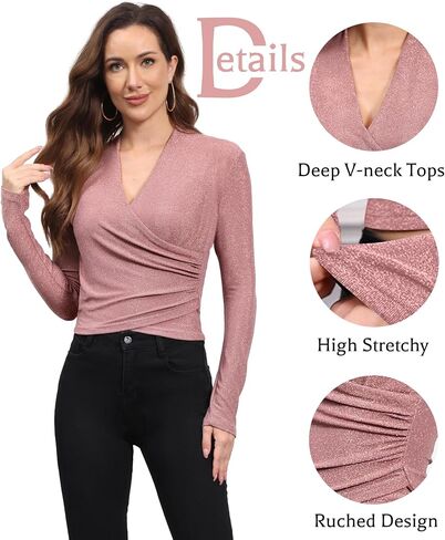Women's Tops V Neck Cross Wrap Blouse Long Sleeve Glitter Tops T-Shirts Ruched Slim Fit Sparkle Club Party Shirt in Saudi Arabia