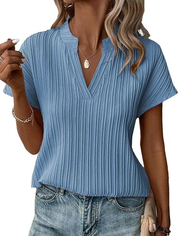 Rooscier Women's Textured Short Sleeve Blouse Tops Casual V Neck Shirts in Saudi Arabia