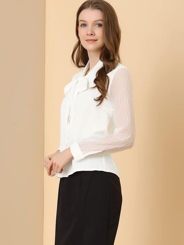 Allegra K Work Blouse for Women's Self Tie Neck Chiffon Button Up Long Sleeve Shirt in Saudi Arabia